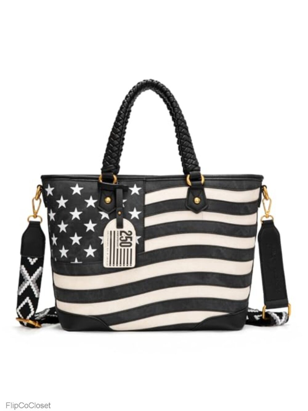 Vintage Patriotic Western Faux Leather Tote Handbag With Braided Handles